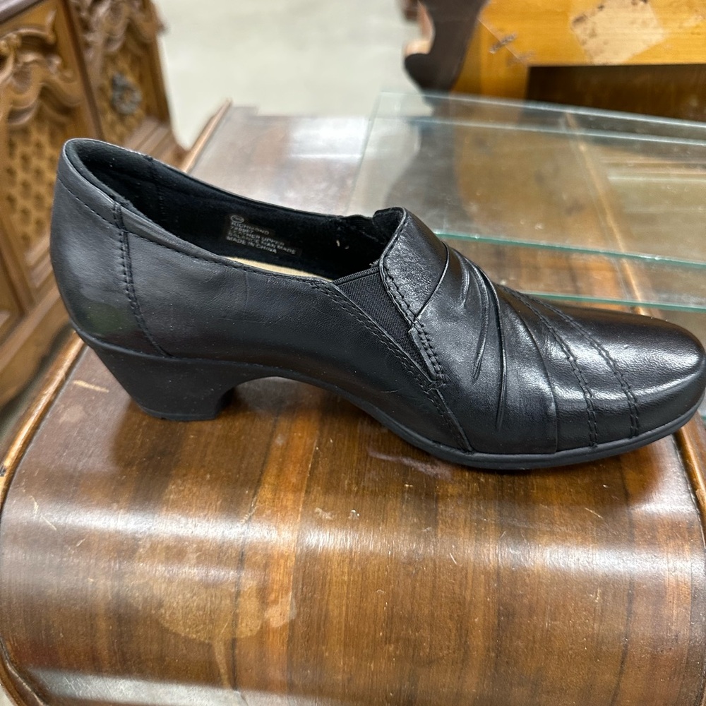 Clarks Black Leather Heeled Loafers